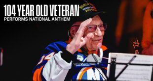 104-year-old World War II veteran Dominick Critelli playing the national anthem on saxophone