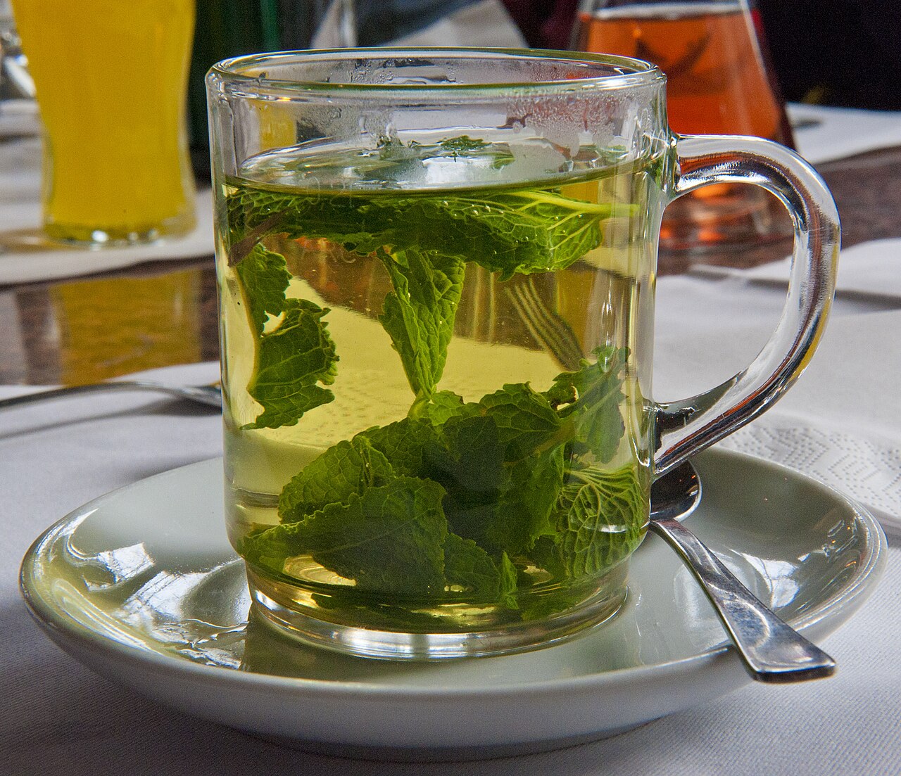 A glass cup of peppermint tea with fresh mint leaves